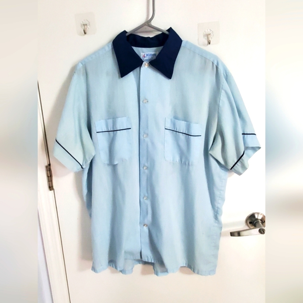 Vintage Single Stiched 50s Hilton Bowling Shirt Light Blue Rare